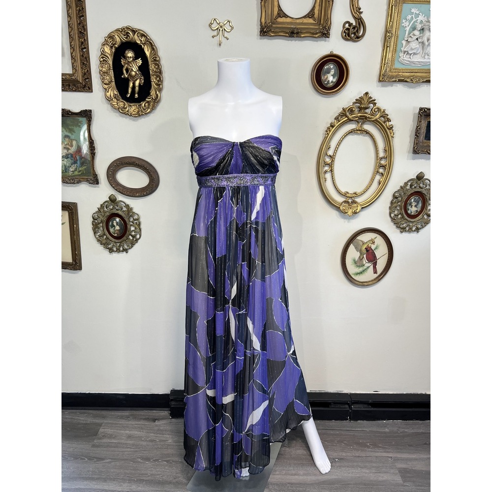 BCBGMAXAZRIA Purple Silk Metallic Abstract Maxi Dress Size 02